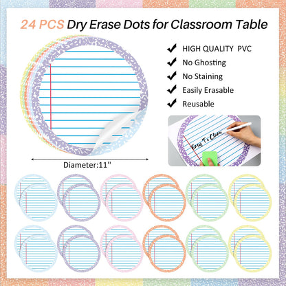 Gersoniel 24 Pcs Large 11'' Notebook Dry Erase Dots for Classroom Table Removable Circles Stickers Wall Whiteboard No Staining for Teacher School Home Office Teaching Supplies (Round,Light Color)