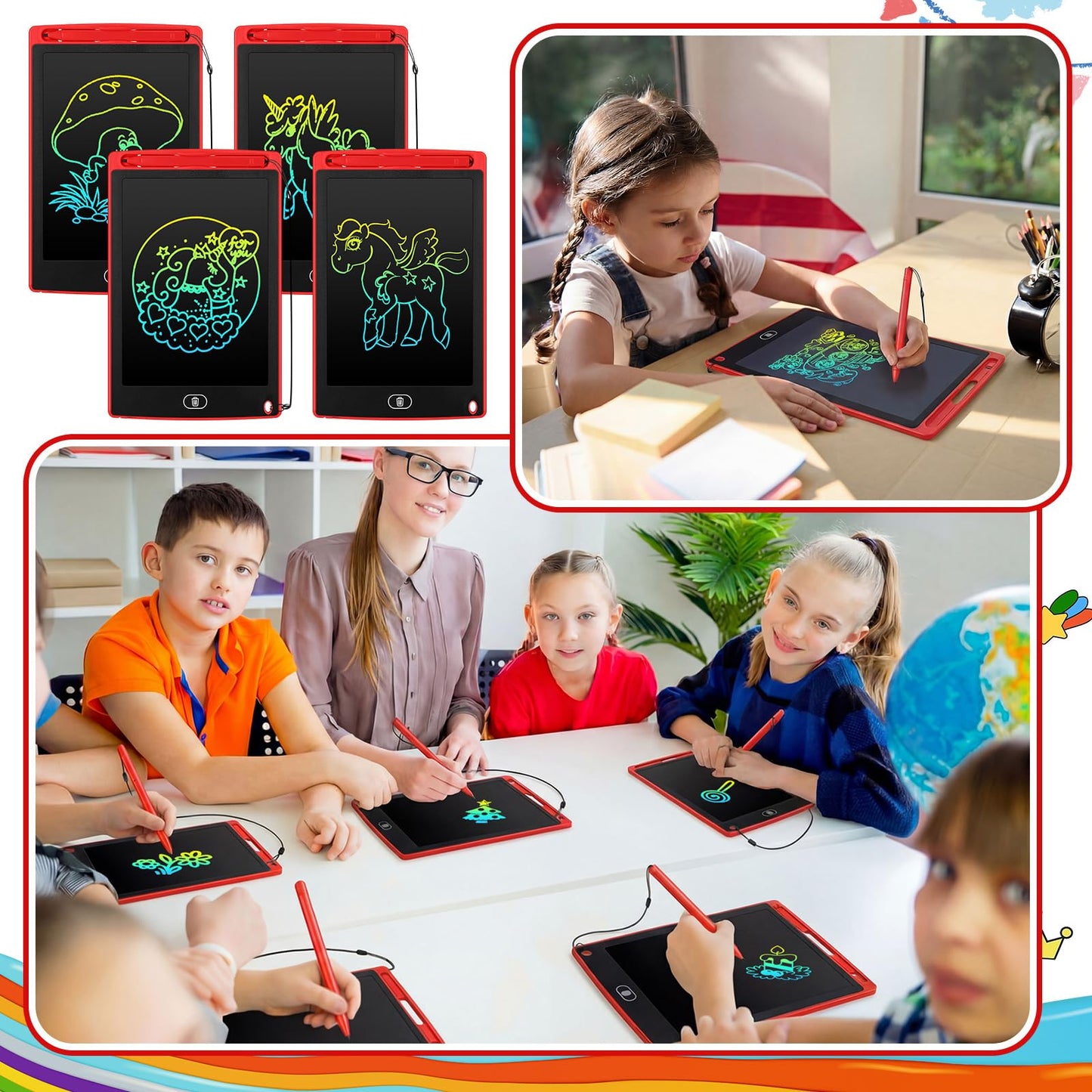 Zhehao 24 Pieces LCD Writing Tablet Doodle Board 8.5 Inch Colorful Reusable Screen Board Pad Reusable Drawing Writing Learning Educational Pad Toys for Girls Boys 8-10 3-10 (Red,Round Style)