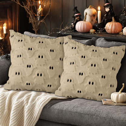 Lanpn Halloween Pillow Covers 18x18 Set of 2, Ghost Throw Pillowcases Soft Plush Faux Fur Wool Decorative Pillow Cover 18x18 Cushion Covers for Sofa Couch Chair Bed Halloween Home Decor (Beige)