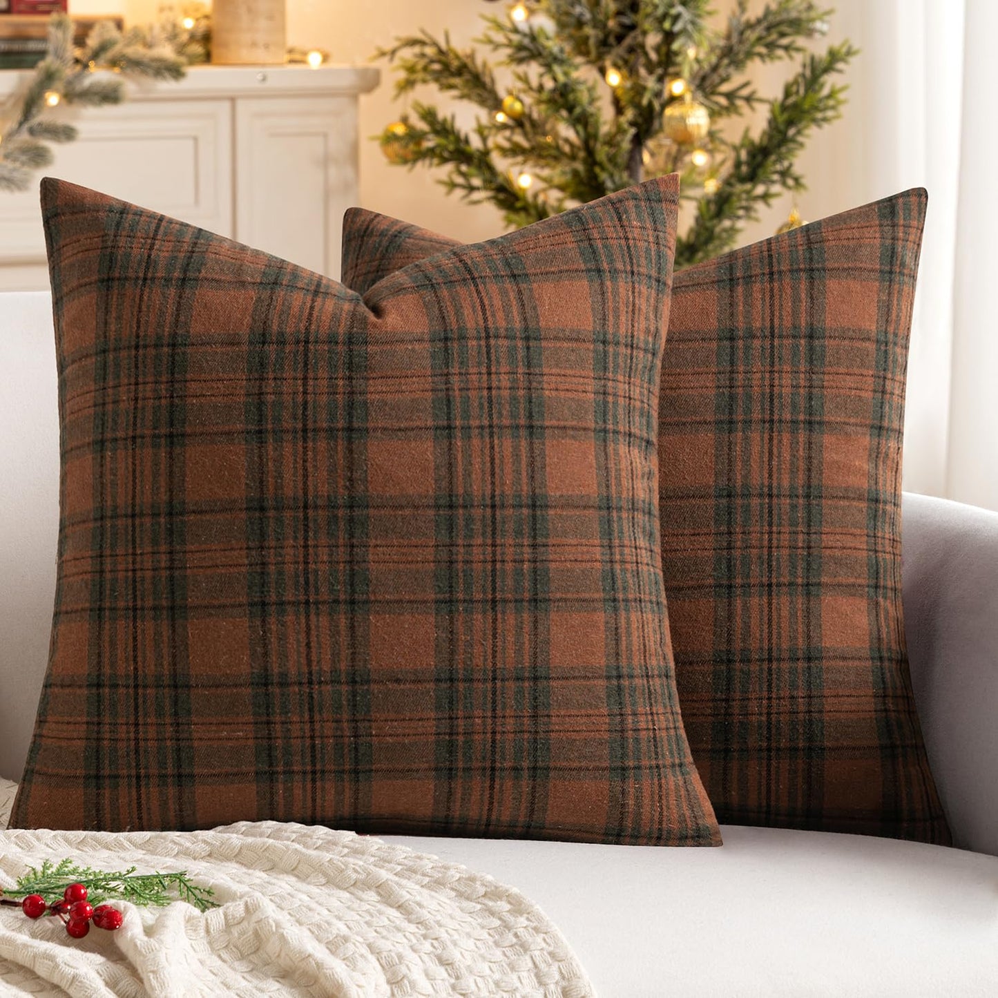 MIULEE Fall Set of 2 Scottish Tartan Plaid Throw Pillow Covers Farmhouse Classic Decorative Outdoor Square Cushion Cases for Halloween Thanksgiving Decor Sofa Couch 20x20 Inch, Orange and Green