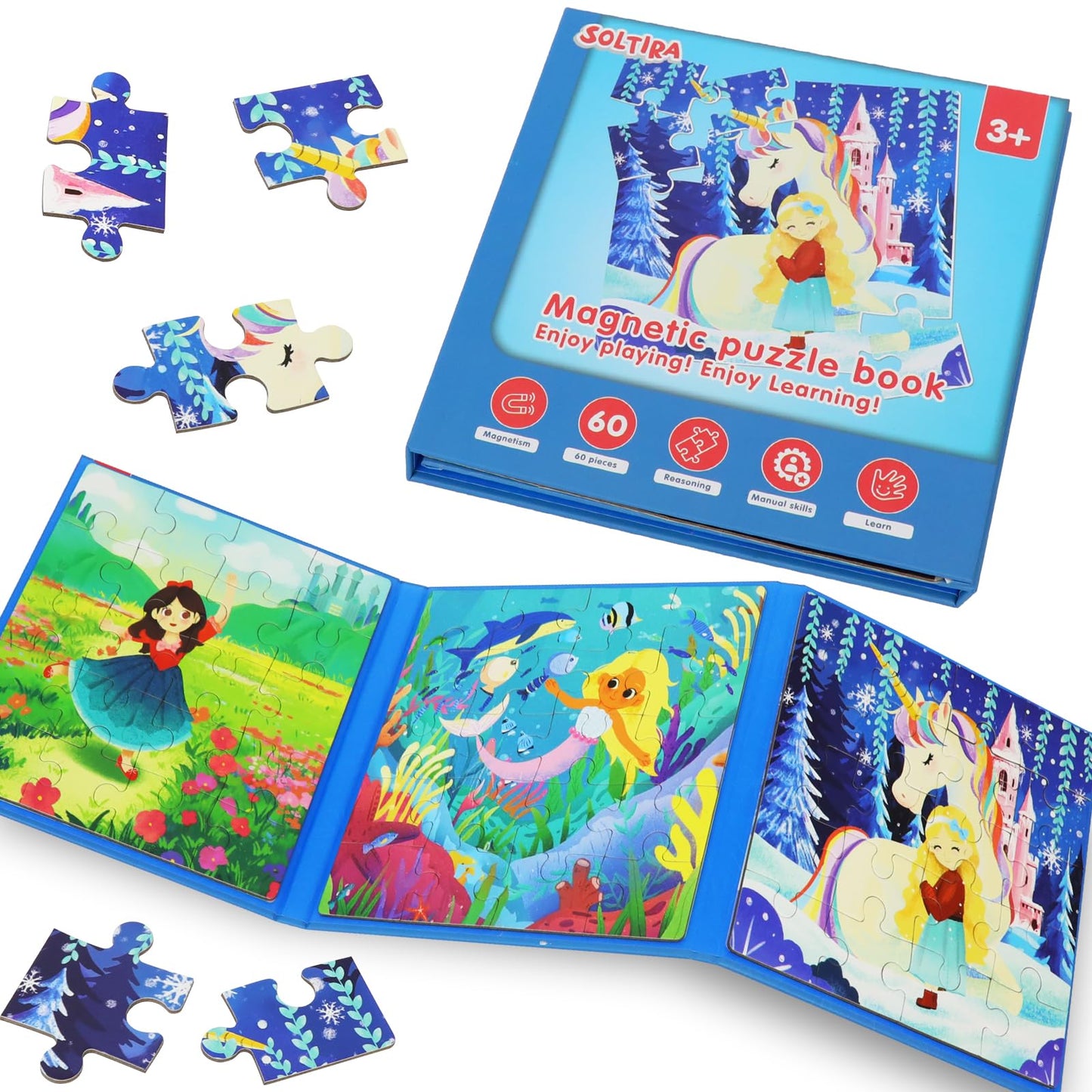Magnetic Puzzles for Toddlers 3-5 60PCS 3 Unicorn Mermaid Princess Themes Puzzle Magnetic Puzzles for Girls 4-6 Travel Puzzles or Airplane/Car/Road Trip Gift Toys for Girls 4-8 Years Old