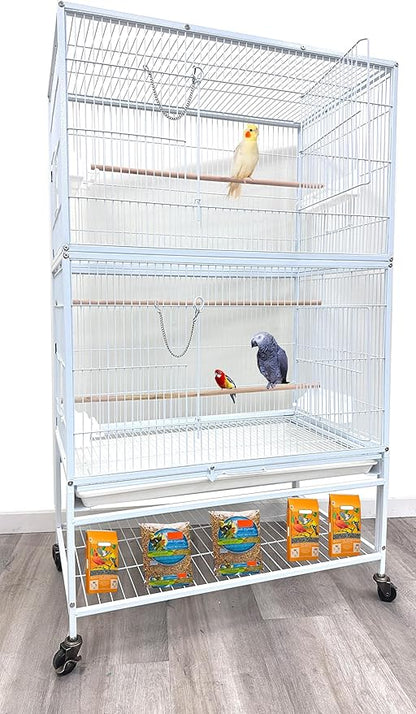 Extra Large Sturdy Wrought Iron Breeding Flights Canary Parakeet Cockatiel African Grey Lovebird Finches Parrot Home Cage Double Large Front Doors 4 Side Doors Bottom Storage Shelf On Lockable Wheels