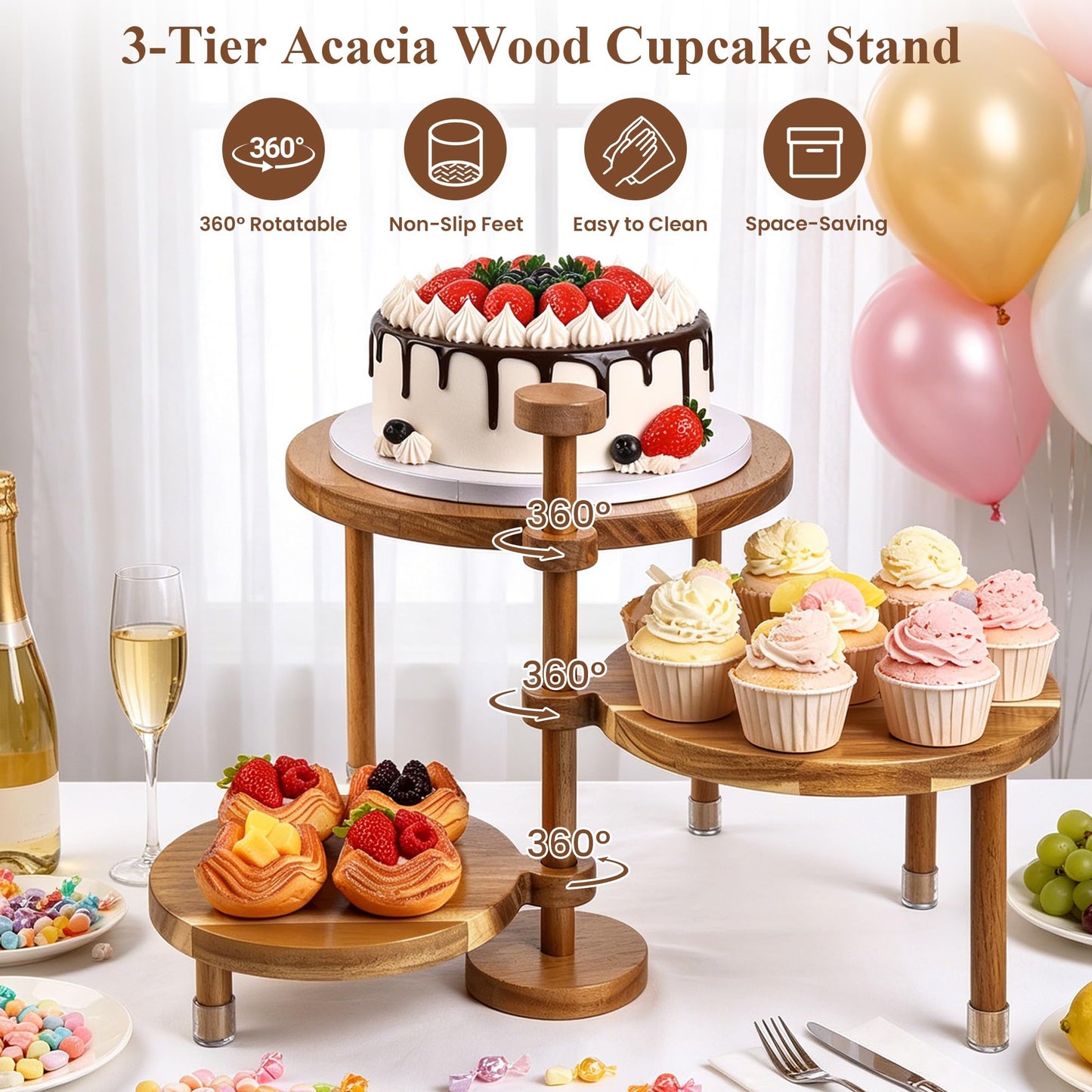 LOVYANXUE Acacia Wooden Cupcake Stand, 3 Tier Round Cake Stand 360° Rotatable Cupcake Tower with Tiered Serving Tray, Wood Dessert Table Display Set, Tiered Tray Stand for Party, Wedding (12/10/8 IN)