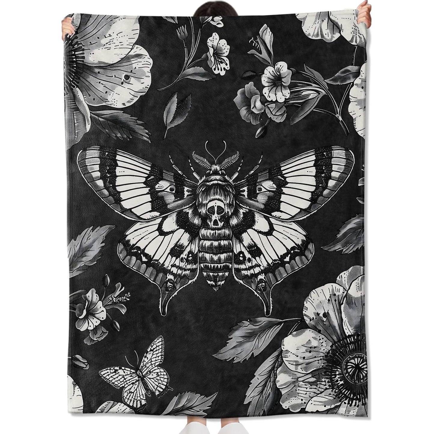 amepay Gothic Moth and Skull Blanket Gifts for Kids Adult Women,Goth Floral Dark Art Flannel Throw Blankets,Soft Comfy Lightweight for Halloween Couch Bed Sofa Bold Modern Decor,Horror Lovers 60x50in