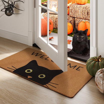 UINI Door Mat Cat Welcome Mat, Black Cat with Green Eyes Doormat, Non-Slip Cat Welcome Mats for Front Door, Outside Entrance, Resist Dirt, 17" x 30"