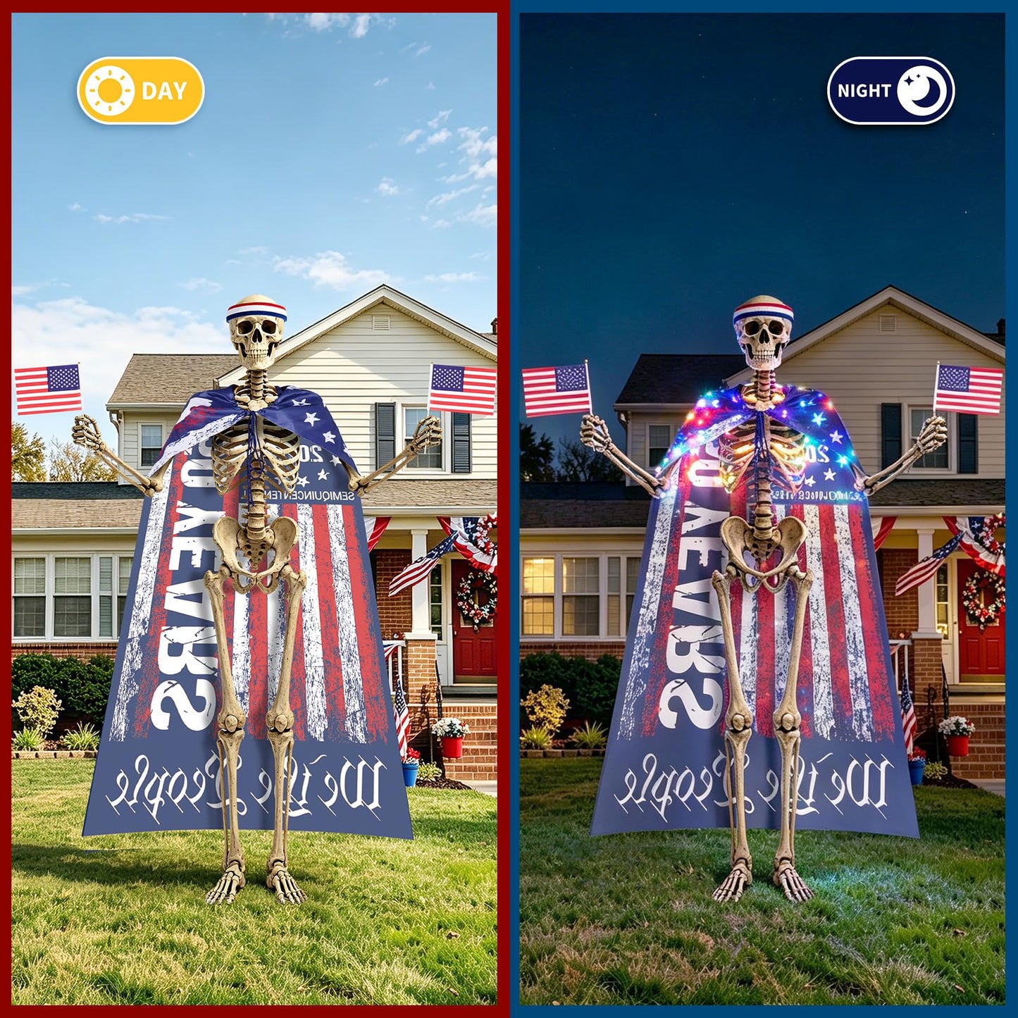 MUDEREK Light Up American Flag Cape for 12 ft Skeleton – Patriotic Independence Day Accessories, LED 250th Anniversary Giant Skeleton Costume Cloth for 4th of July Outdoor Decorations