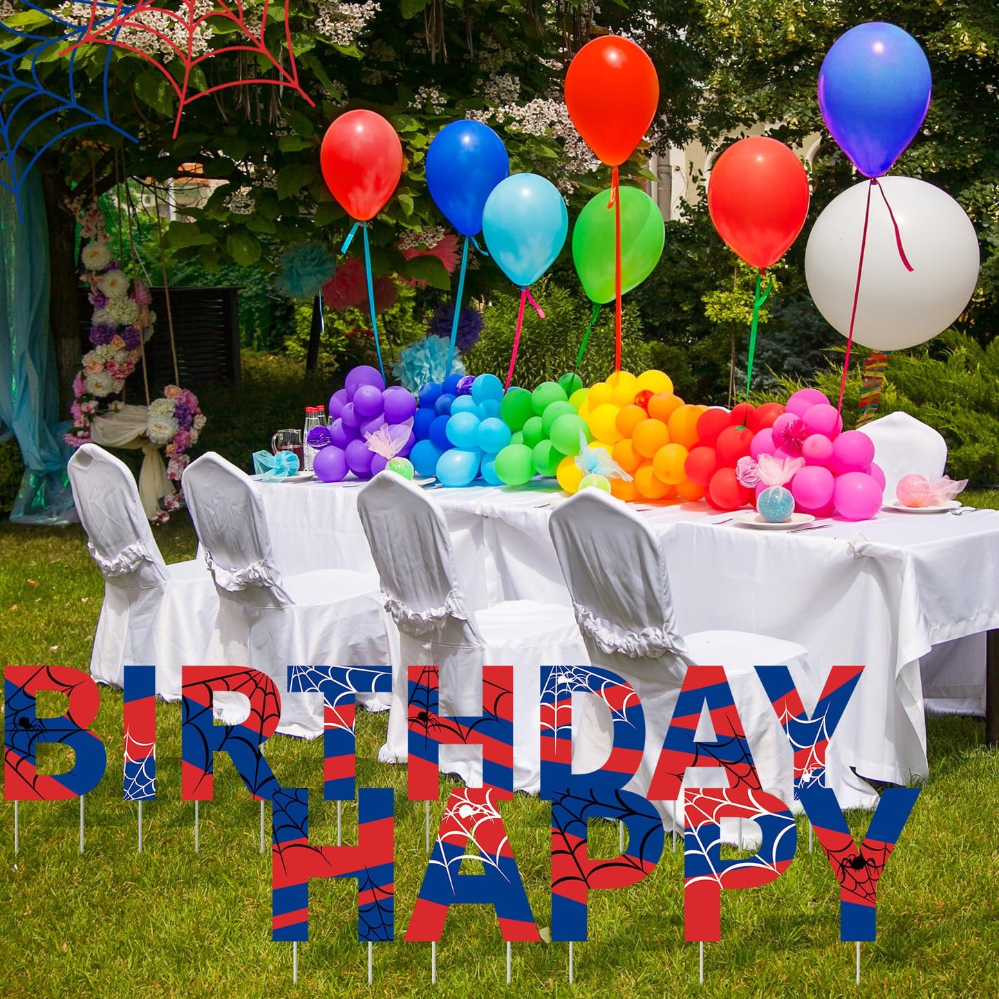 Threehoney 13 Pcs Spider Happy Birthday Yard Sign with Stakes, 16" Super Happy Birthday Letter Lawn Signs, Outdoors Birthday Decorations Hero Birthday Theme Party Supplies for Outdoor Yard Lawn
