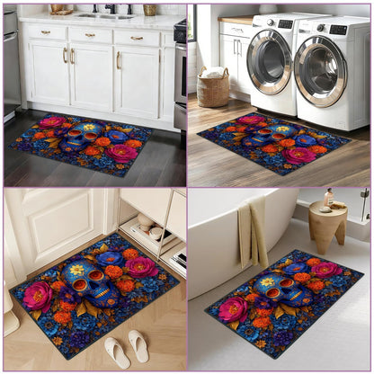 Floral Sugar Skull 2x3 Entryway Rug, Day of the Dead Mexican Small Accent Rug, Washable Low-Pile Welcome Mat for Front Door, Gothic Blue Skull Area Rug for Bedroom, Office, Halloween Home Decor