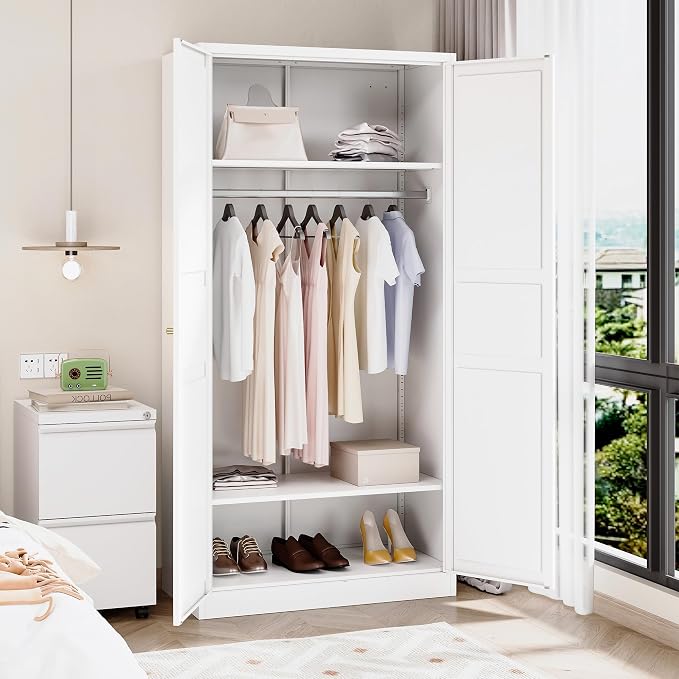 BYNSOE Metal Armoire Wardrobe Closet with 2 Doors 72'' Wardrobe Cabinet with Hanging Rail Metal Closet with Adjustable Shelves for Bedroom Require Assembly(White, 72inch)