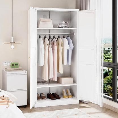 BYNSOE Metal Armoire Wardrobe Closet with 2 Doors 72'' Wardrobe Cabinet with Hanging Rail Metal Closet with Adjustable Shelves for Bedroom Require Assembly(White, 72inch)
