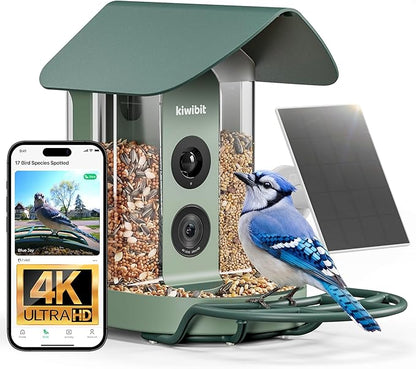 Kiwibit Smart Bird Feeder with Camera, Solar Powered for Outdoors, Bird Species AI Identification, 8MP Photos, 4K Video Livestream, Real-Time Bird Alerts, Birdwatching Gifts for Bird Lovers, Sage Pine