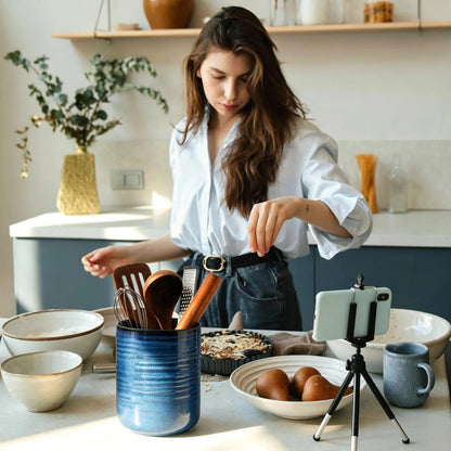 HASENSE Large Ceramic Utensil Holder, 7.4" Kitchen Utensil Crock for Countertop, Modern Farmhouse Utensil Organizer Caddy for Cooking Utensil Set, Blue Kitchen Decor