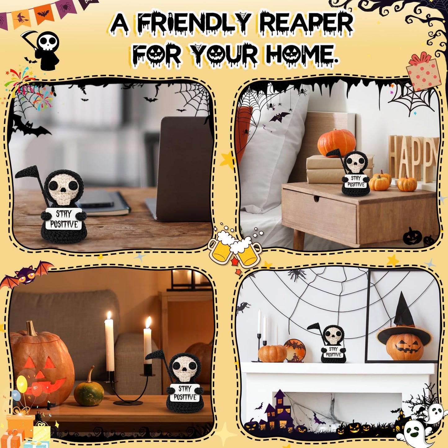 Funny Gothic Grim Reaper Crochet Plush - Spooky Cute Office Decor & Dark Humor Gift - Stay Positive Sarcastic Easter Basket Stuffers Egg Fillers Essentials for Coworker Friend White Elephant Adult