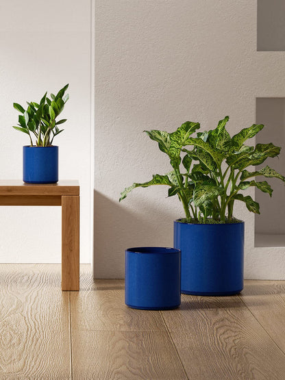 LE TAUCI Ceramic Pots for Plants, 10/8/6 Inch Indoor Planters with Draiange Hole, Silicone Plug & Mesh Pad, Modern Minimalist Pots for Home Office, Set of 3, Glossy, Midnight Blue