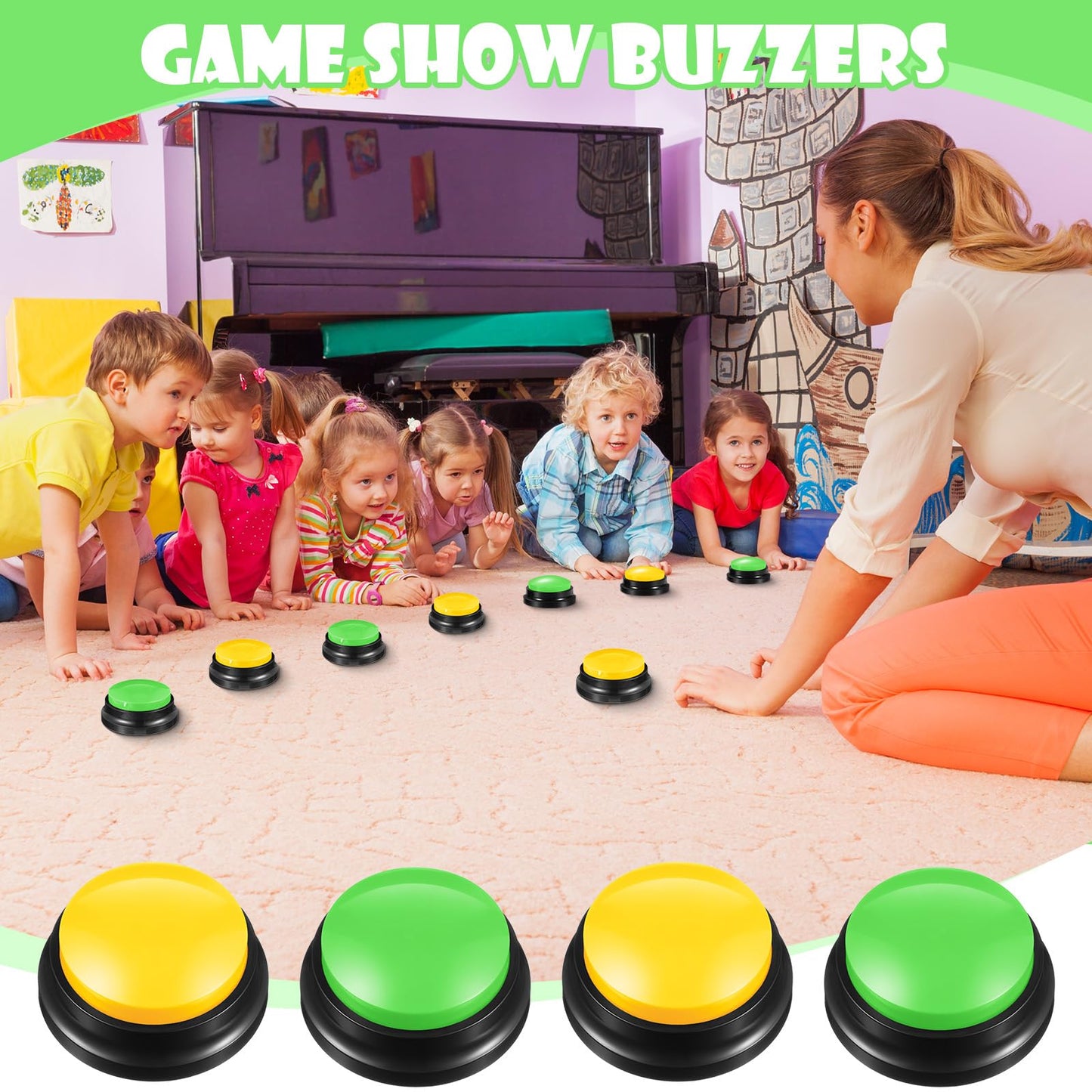 Yunsailing 12 Pack Game Show Buzzer Button Answer Buzzers Classroom Recordable Button for Classroom Team Family Game and Trivia Nights (Dark Yellow,Green)