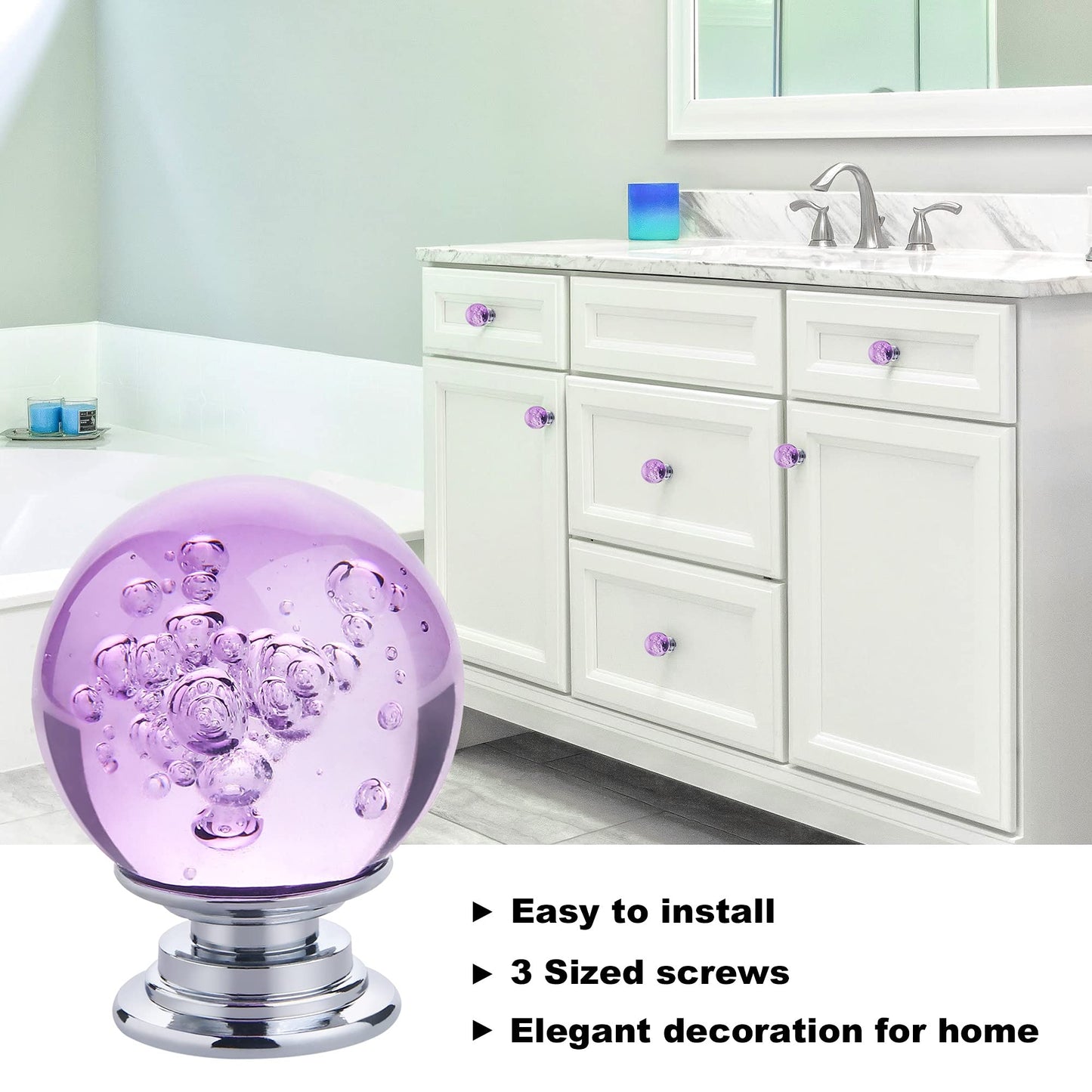 IEIK 10 PCS Crystal Cabinet Knobs Round Glass Bubbles Dresser Knobs Smooth Drawer Knobs Handle for Home, Cabinet, Drawer and Dresser Hardware with 3 Different Size Screws, 30MM (Purple)