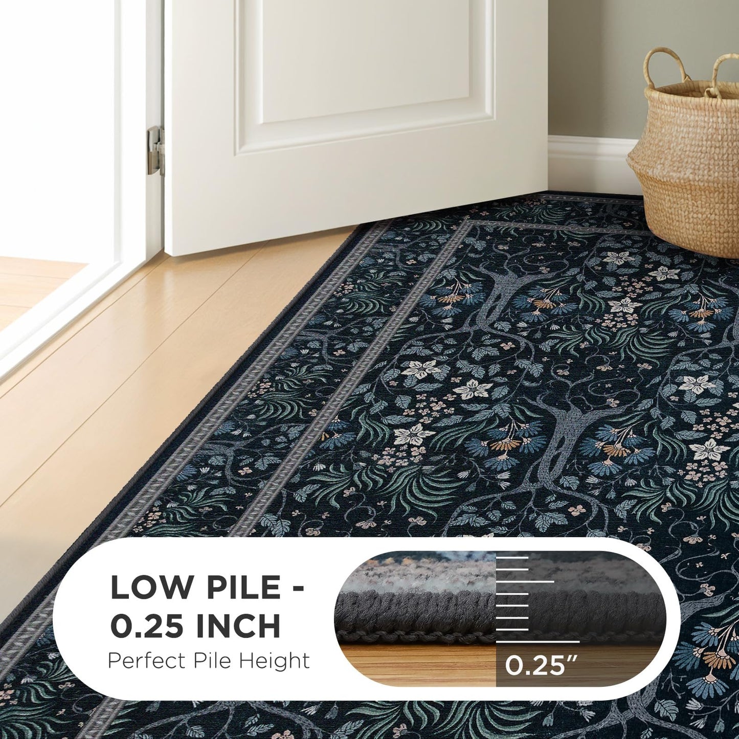Joydeco Machine Washable Area Rugs 5x7, Boho Floral Rug for Bedroom Non Slip, Soft Forest Botanical Low-Pile Floor Indoor Throw Carpet for Living Dining Room Dorm Office, Black