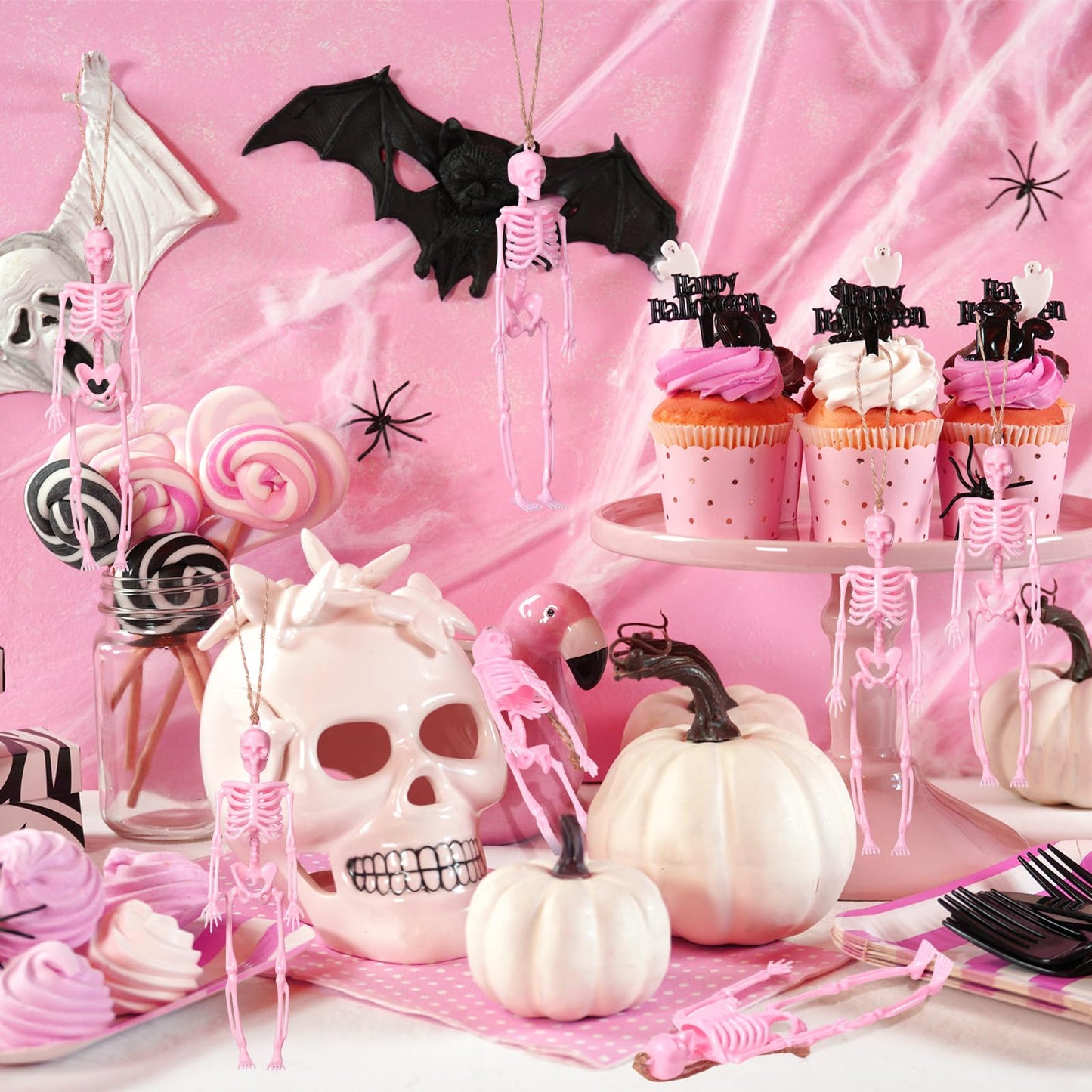 Roowest 36 Pcs Mini Skeleton Figurines Bulk, 6.7 Pink Halloween Skeletons Decor Small Plastic Hanging Skeletons for Halloween Craft Graveyard Haunted House Accessories Party Decor