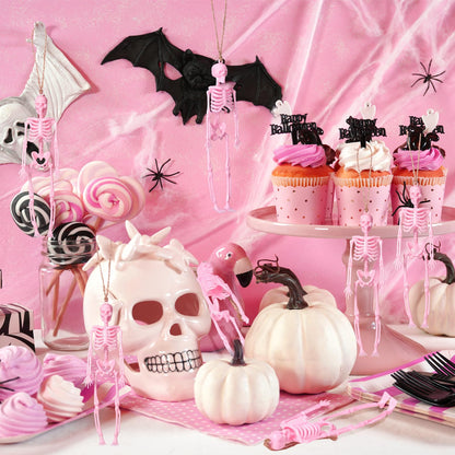 Roowest 36 Pcs Mini Skeleton Figurines Bulk, 6.7 Pink Halloween Skeletons Decor Small Plastic Hanging Skeletons for Halloween Craft Graveyard Haunted House Accessories Party Decor
