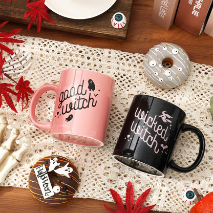 JarThenaAMCS 2Pcs Halloween Mugs Wicked Witch Coffee Mug Pink Black Ceramic Drinking Cup for Halloween Party Supplies Table Centerpieces, 12oz