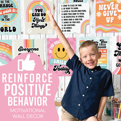 Hadley Designs Motivational Poster for Classroom Decor - 9 Growth Mindset Classroom Posters Elementary, Inspirational Wall Decor Middle School, Teacher Must Haves, Retro Bulletin Board Decorations