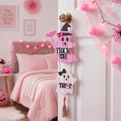 Valery Madelyn Pink Halloween Decorations, Cute Halloween Door Wreath Decorations, Ghost with Witch Hat Wooden Hanging Sign for Wall Window Door Handle, 16 inch