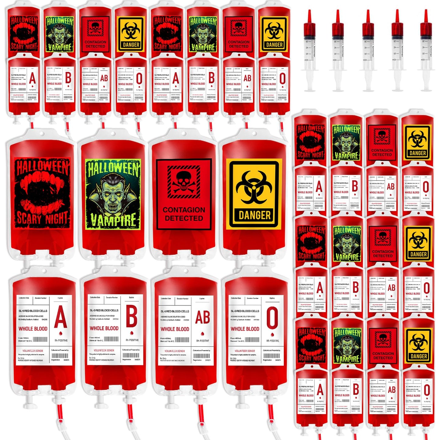Garma 48 Pack 10oz Blood Bags for Drinks, 8 Design Halloween IV Bag for Drinks Reusable Drink Pouches Containers with Syringes Clips Pouch Prop for Vampire Zombie Hospital Theme Party Favors Supplies