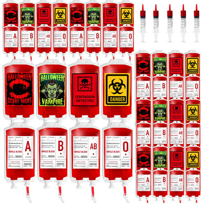Garma 48 Pack 10oz Blood Bags for Drinks, 8 Design Halloween IV Bag for Drinks Reusable Drink Pouches Containers with Syringes Clips Pouch Prop for Vampire Zombie Hospital Theme Party Favors Supplies