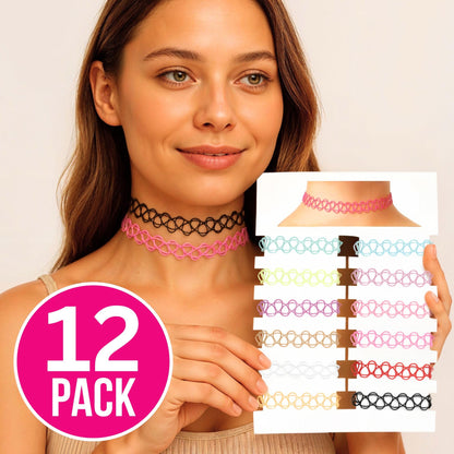 BodyJ4You 12PC Tattoo Choker Necklace - 90s Accessories 2000s Jewelry Y2K Fashion Vintage Trendy - Vibrant Pink Blue White Green Black - Adjustable Stretchy Elastic Necklace Summer Vacation Gift Set