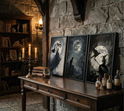 SOUHLP Gothic Wall Art Witch Black Cat Raven Poster Set, 12x16in