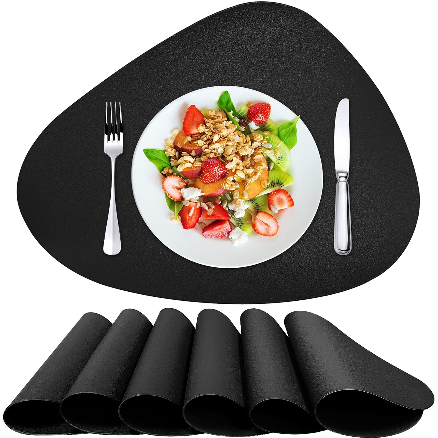 Herda Black Placemats Set of 6 for Dining Table Mats, Faux Leather Place Mats Wipeable Washable Placemats for Round Table Mats for Dining Patio Heat Resist Easy to Clean Halloween Place Mats Indoor