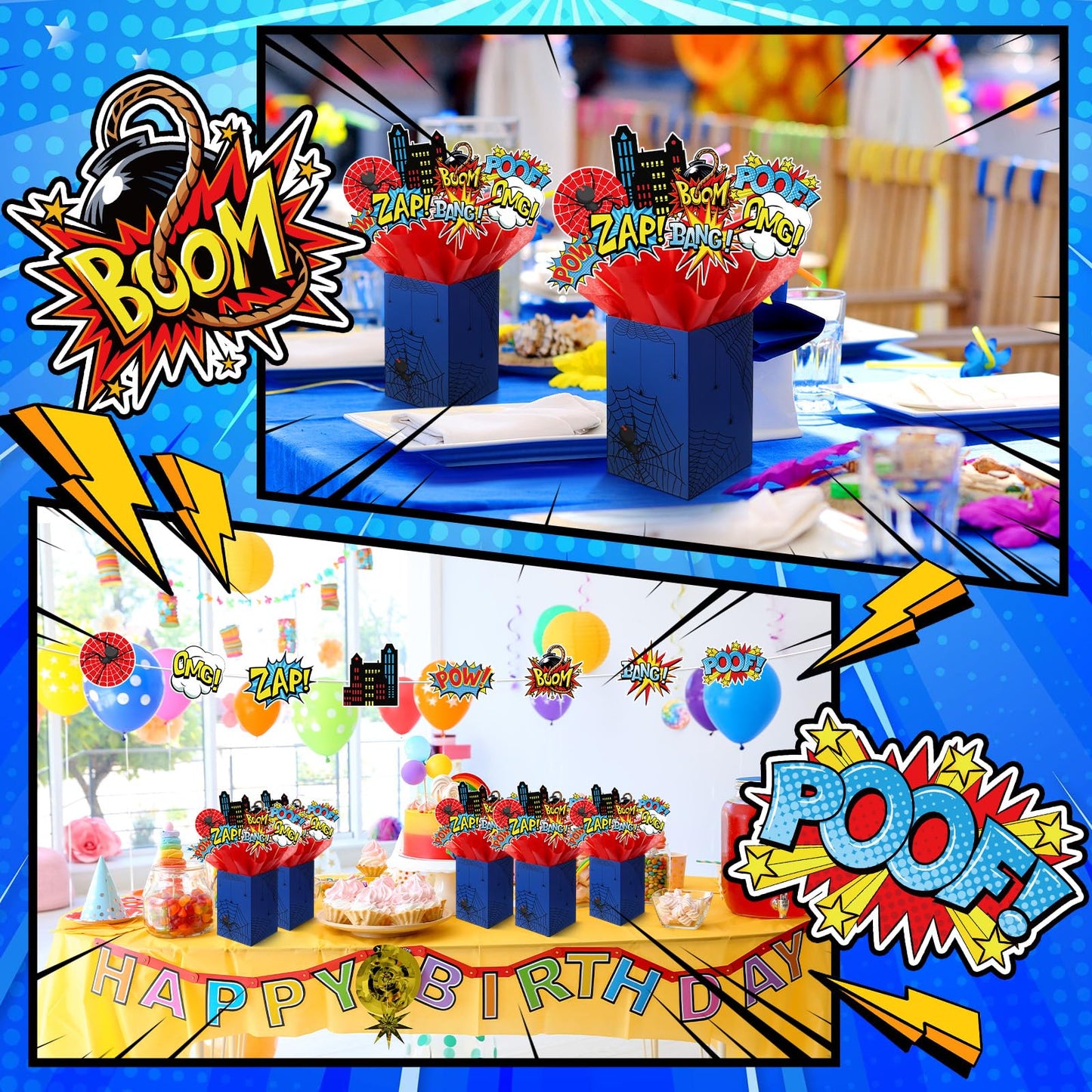MotiMind 6 Sets 74 Pcs Spider Party Centerpieces Spider themed Party Decorations Table Toppers with Box Circus Sound Effect Cutouts and Sticks Tissue Paper for Baby Shower Birthday Decor