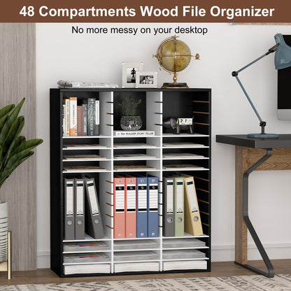 EasyPAG Wooden Literature Organizer with Adjustable Shelves, 48 Compartments Office Paper Organizer Storage 24000 Sheets Letter Size Paper, Student Mailbox for Classroom, Black/White