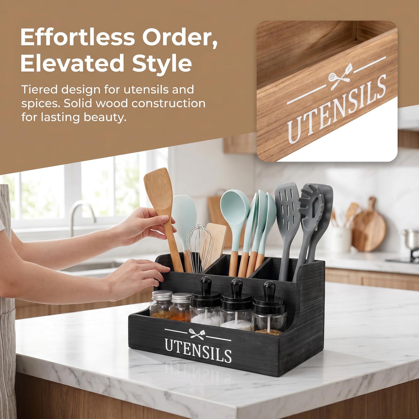 SHAXIXI Wooden Kitchen Utensil Holder, Farmhouse Country Style Kitchen Countertop Organizer, Selected Tung Wood, 11.4 X 6.1 X 5.8 Inches
