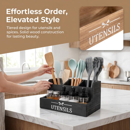 SHAXIXI Wooden Kitchen Utensil Holder, Farmhouse Country Style Kitchen Countertop Organizer, Selected Tung Wood, 11.4 X 6.1 X 5.8 Inches
