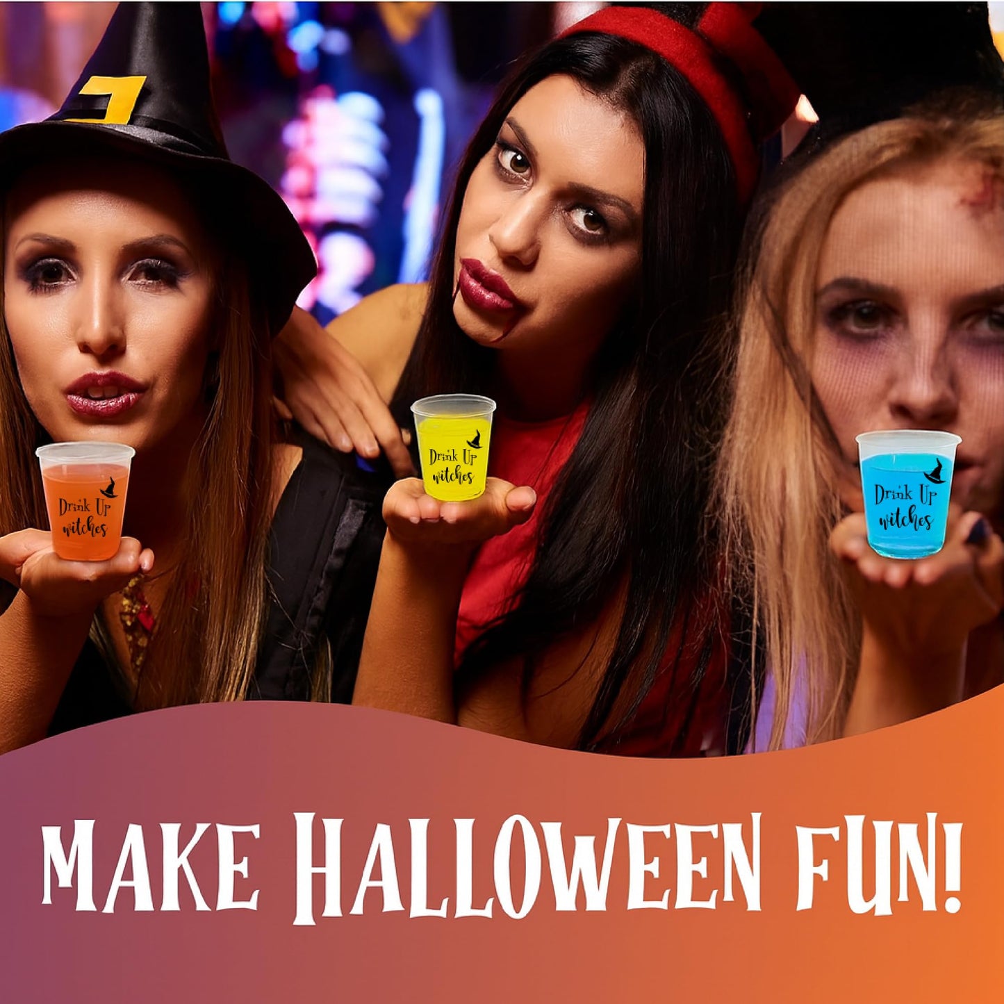Drink Up Witches (Both Sides) Halloween Shot Glasses Disposable Set of 100, 2oz Each, Plastic Jello Halloween Shot Cups for Spooky Party Drinkware - Ideal Horror Glasses For Drinking Decorations