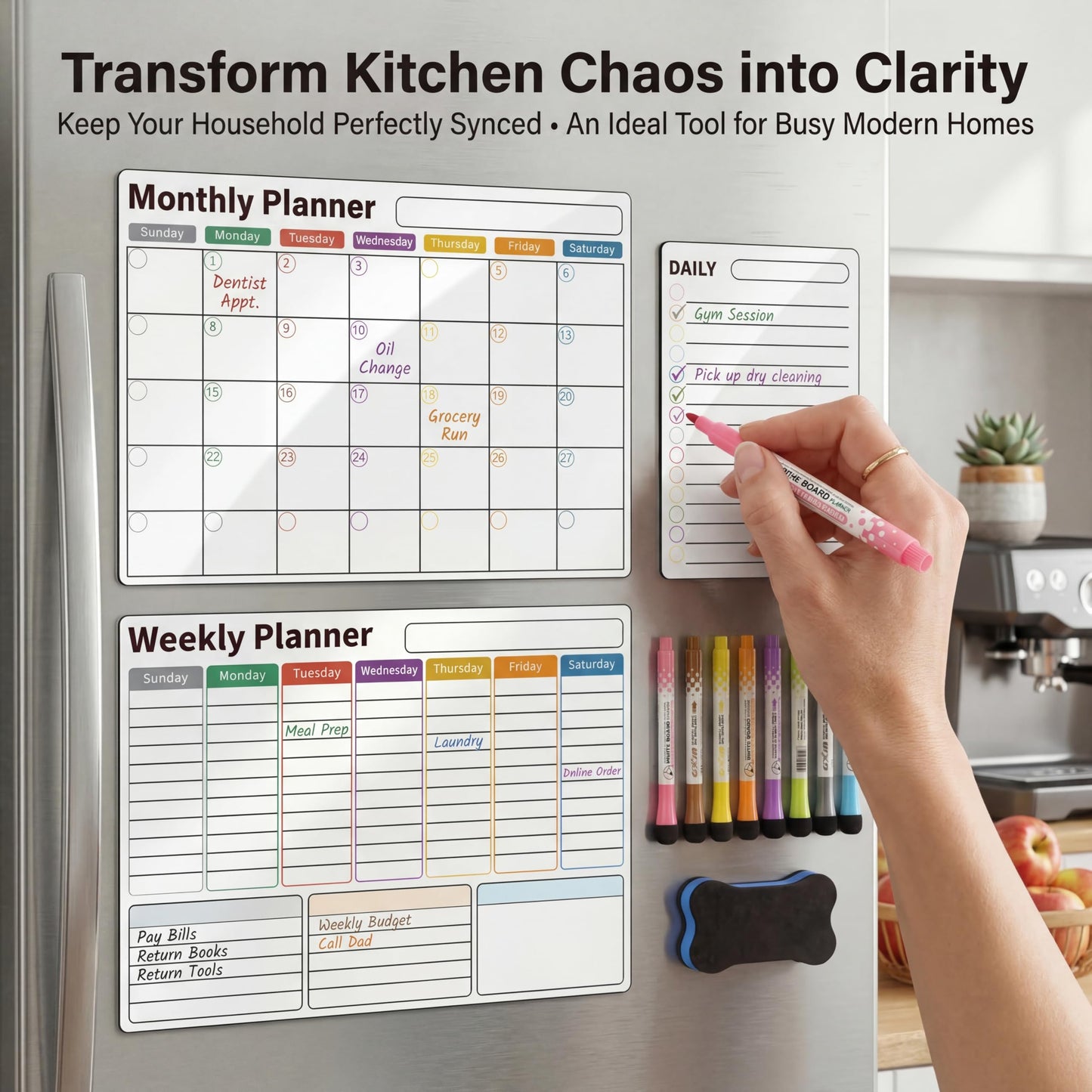 AUVIREC Magnetic Calendar for Refrigerator (3-Pack, Ships Flat) - 17"x12" Monthly, Weekly & Daily Planner with Lined Grids - Nano-Tech Dry Erase Board Fridge Whiteboard, 8 Markers & Eraser