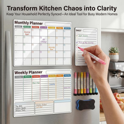 AUVIREC Magnetic Calendar for Refrigerator (3-Pack, Ships Flat) - 17"x12" Monthly, Weekly & Daily Planner with Lined Grids - Nano-Tech Dry Erase Board Fridge Whiteboard, 8 Markers & Eraser