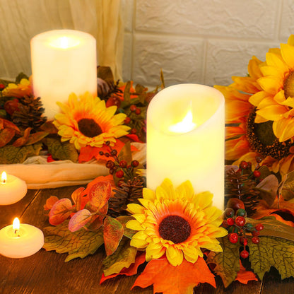 Ceenna 4 Pcs Thanksgiving Fall Candle Rings 3.7 Inch Center Fall Candle Rings Wreath Thanksgiving Autumn Decorative Artificial Maple Leaf Sunflowers Floral Holder Festival Holiday Party Decoration