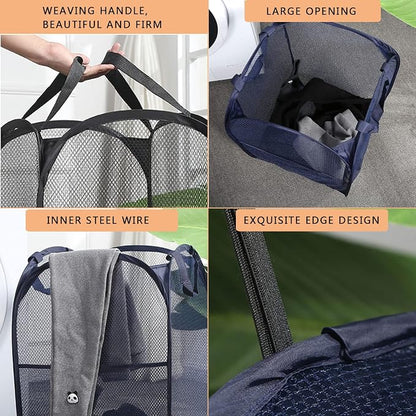 2 Laundry Baskets, pop-up Laundry Baskets, Foldable mesh Laundry Baskets (Each with 2 Reinforced Handles, Blue