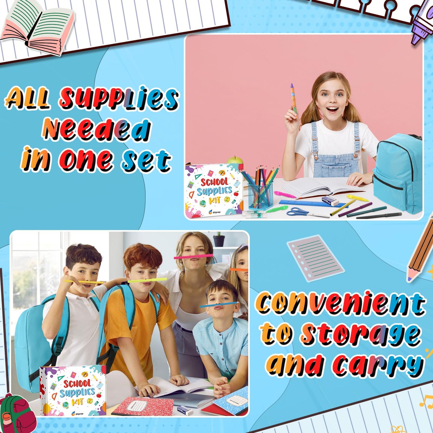 Gilprop 79 Pcs Back to School Supplies Box for Kids K-5 Students Elementary Middle School Supplies Kit Bundle Bulk Essential Pen Notebook Stationery for Primary Student Classroom(Blue)