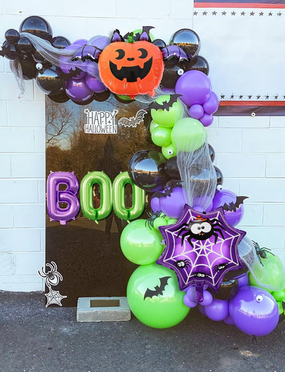 Adeyoo Halloween Balloon Garland Arch Kit - Purple Green Black Balloons with Boo, Bat Foil Balloons Spooky Eyeball Latex Balloon for Halloween Birthday Party Decorations, Indoor Outdoor