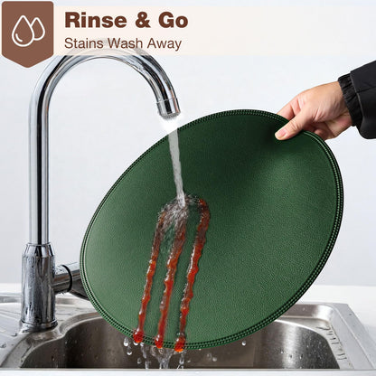 Rinpon Round Vinyl Green Placemats Set of 6, Faux Leather Waterproof Wipeable Heat Resistant Place Mats, Washable Table Mats for Halloween, Thanksgiving & Christmas Dinner(Green)