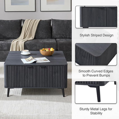 Fatmok Large Lift Top Coffee Table with Hidden Compartment, 35.4" Wide Oversized Square Coffee Table with Storage, Mid Century Modern Fluted Center Table for Home Living Room, Black Grey