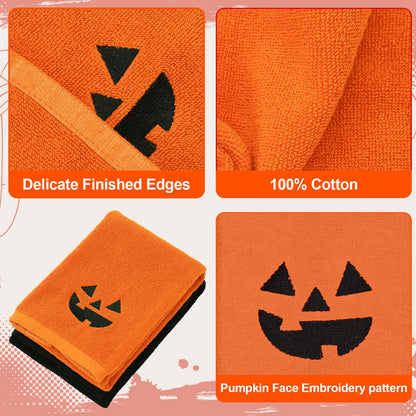 Whaline Halloween Hand Towels Pumpkin Face Embroidered Cotton Bathroom Towel Absorbent Bath Towel for Hand Drying Kitchen Cleaning Cooking, 29.5 x 13.7 Inch, 2Pcs