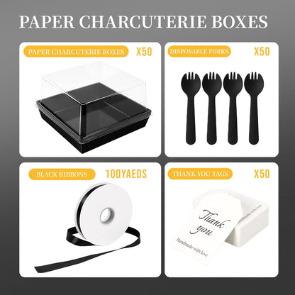 DeziWood 7 x 7 x 4 Inches Paper Cake Boxes with Clear Lids, 50 Pack Black Large Charcuterie Square Food Containers, Halloween Day Disposable Bakery Boxes for 4-6 Inch Bundt Cake, Pie, Dessert