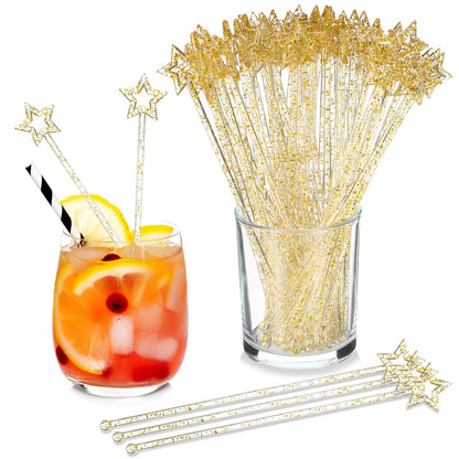 Zubebe 240 Pcs Cocktail Swizzle Sticks Plastic Drink Stirrers Glitter Star Top Stir Disposable Cocktail Coffee Drink Sticks Crystal Cake Pops, 7.28 Inch(Gold)