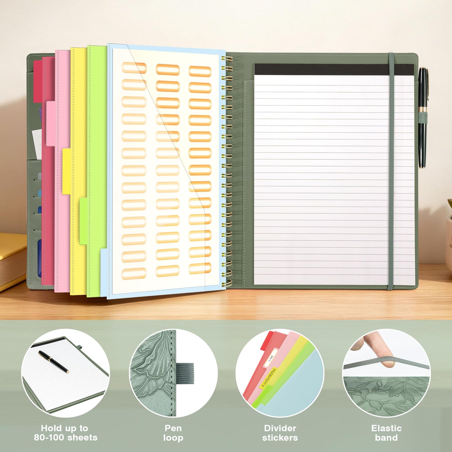 Clipboard with Storage for Men Women, Leather Padfolio Portfolio Organizer 5 Folders with 10 Pockets, Spiral Clipboard Folio with Notepad for Letter Size, Elastic Closure and Pen Loop Green Floral