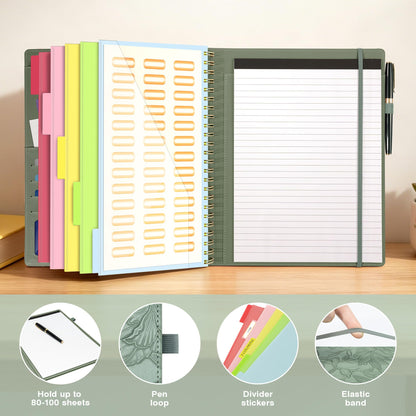 Clipboard with Storage for Men Women, Leather Padfolio Portfolio Organizer 5 Folders with 10 Pockets, Spiral Clipboard Folio with Notepad for Letter Size, Elastic Closure and Pen Loop Green Floral