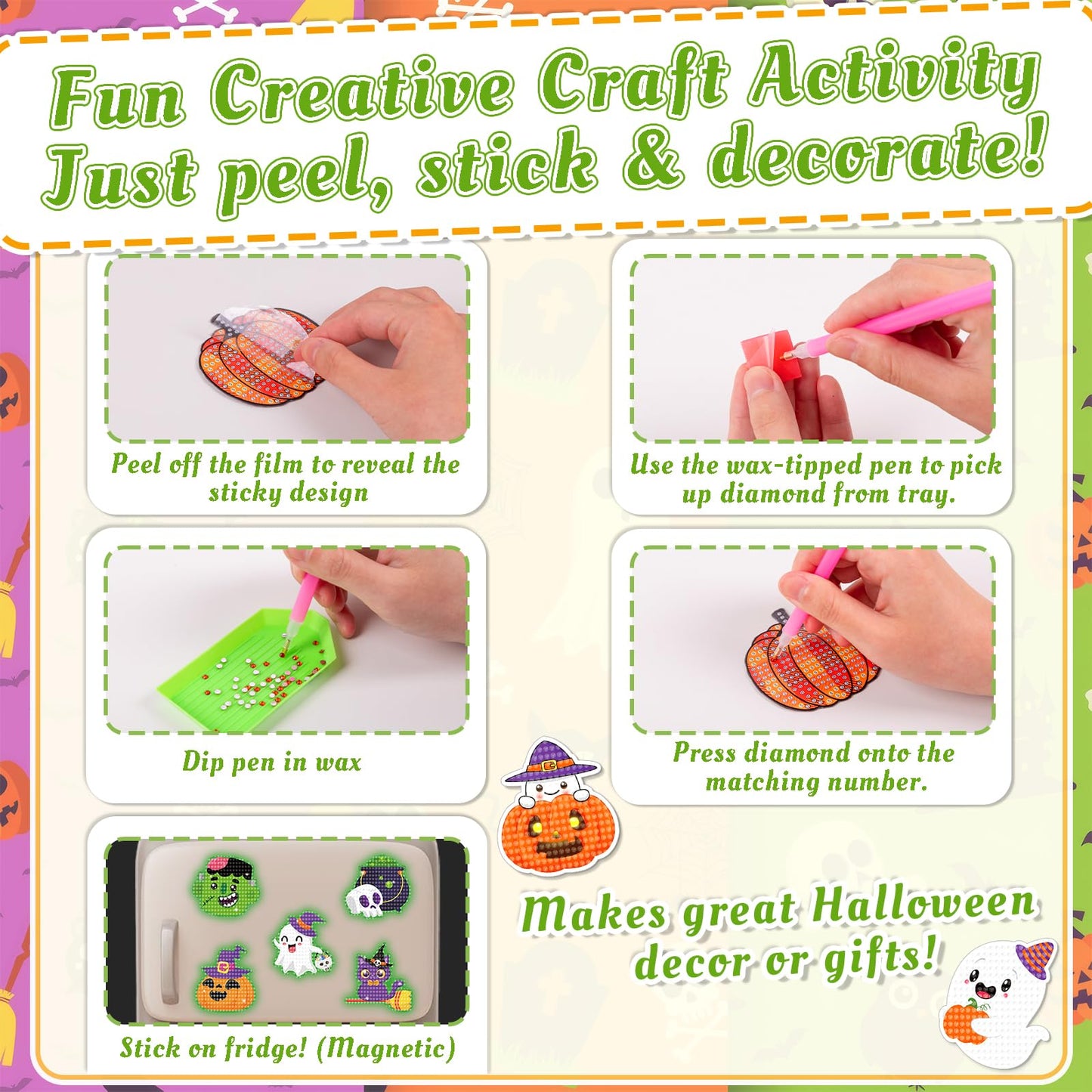 40PCS Halloween Crafts for Adults DIY Diamond Art: DIY Glow-in-The-Dark Refrigerator Magnets Stickers Kit, Magnetic Fridge Decor (Luminous)